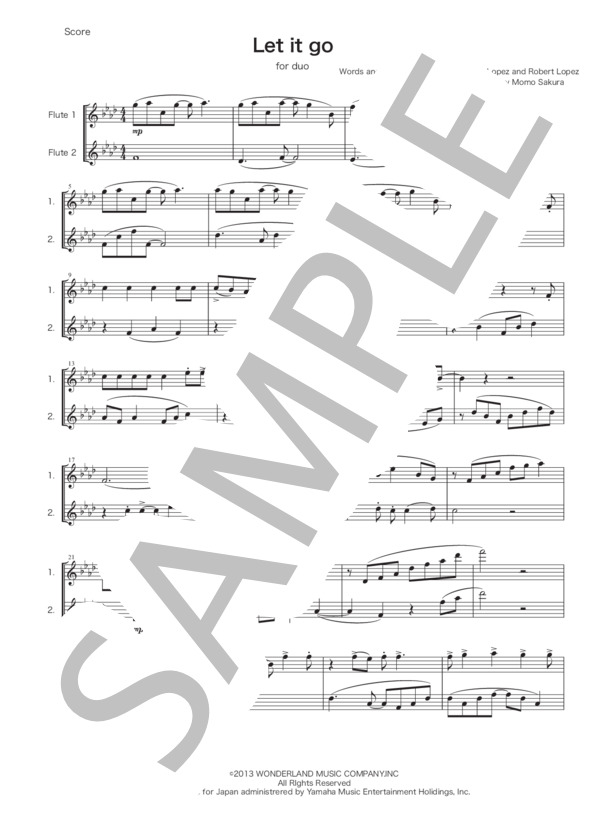 アナと雪の女王よりレットイットゴー・Let it go・Frozen・ありのままで・フルート二重奏・楽譜・ヴァイオリン二重奏 (Idina Kim Mentzel) / 中級 - サンプル譜面 1/5