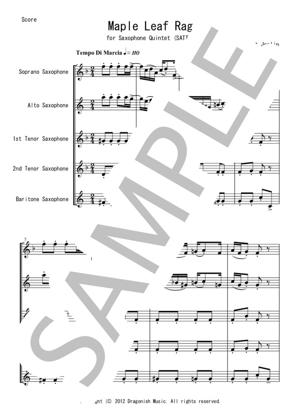 Sax五重奏「メイプル・リーフ・ラグ」(SATTB版） / バンドスコア その他 - サンプル譜面 2/5