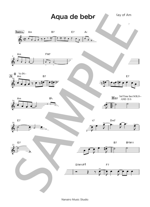 Aqua De Beber(Am):メロディ＆コード譜面 (アントニオ・カルロス・ジョビン) / 不明 その他 - サンプル譜面 1/2