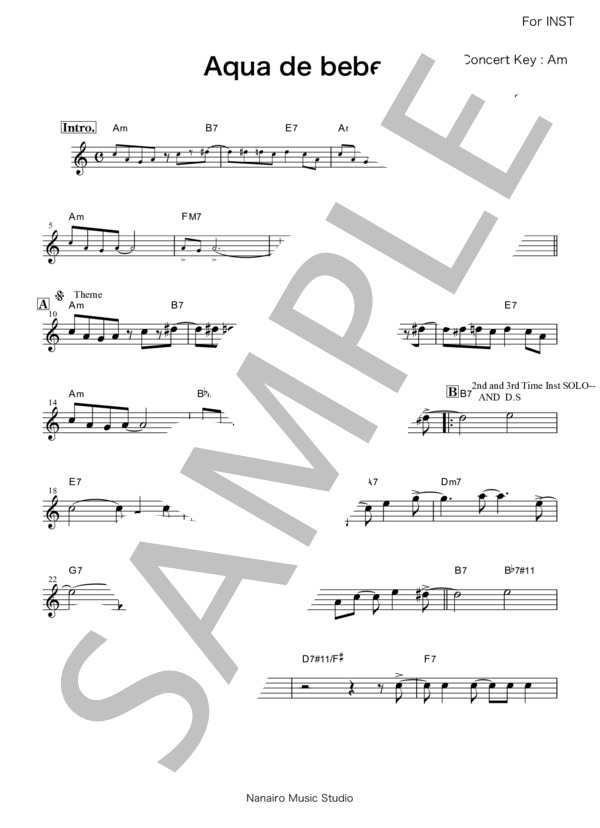 Aqua De Beber(Am):Jazz Karaoke For INST:メロディ＆コード譜面 (アントニオ・カルロス・ジョビン) / 不明 その他 - サンプル譜面 1/2