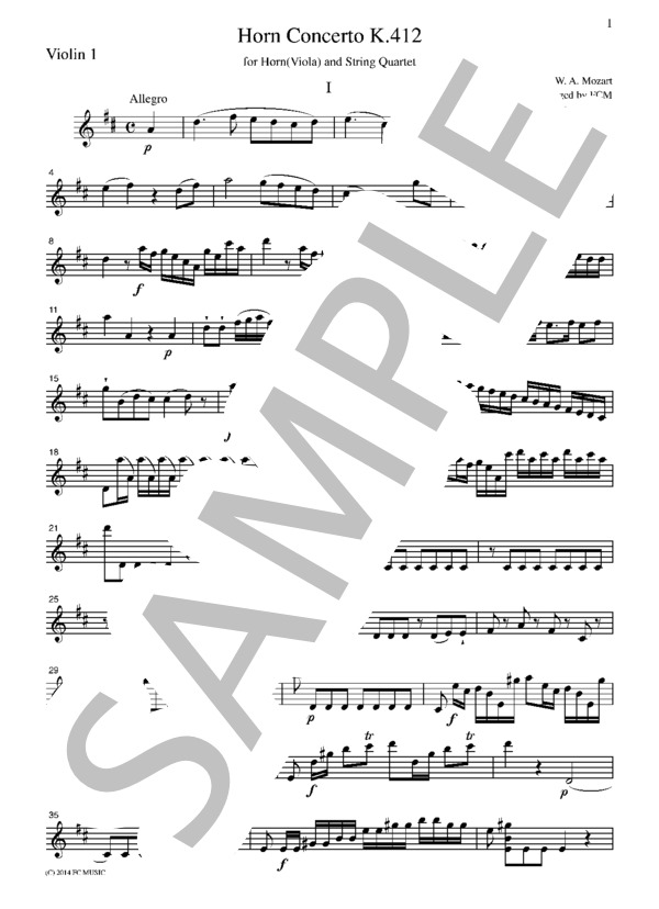 楽譜】モーツァルト ホルン協奏曲第1番 ニ長調 K.412 全楽章 弦楽