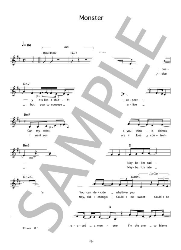 BONNIE PINK 「Monster」 コード・歌詞カード付きメロディ譜 / その他 - サンプル譜面 1/4