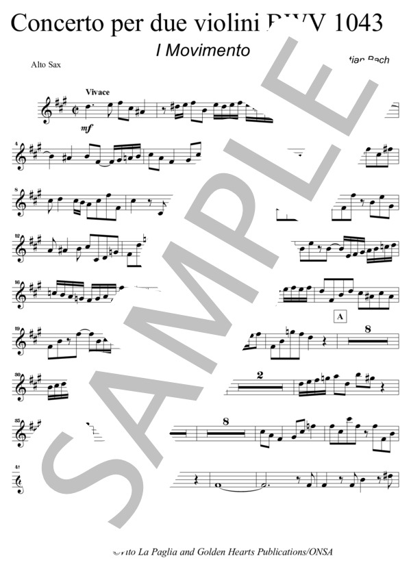 【サクソフォーン7重奏】2つのヴァイオリンのための協奏曲（パート譜：Alto Saxophones) 作曲：J.S.バッハ 編曲：ヴィト・ラ・パグリア (ヨハン・セバスチャン・バッハ) / アンサンブル木管 その他 - サンプル譜面 1/5