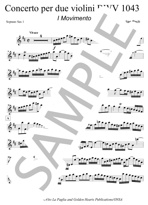 【サクソフォーン7重奏】2つのヴァイオリンのための協奏曲（パート譜：Soprano Saxophone 1) 作曲：J.S.バッハ 編曲：ヴィト・ラ・パグリア (ヨハン・セバスチャン・バッハ) / アンサンブル木管 その他 - サンプル譜面 1/5
