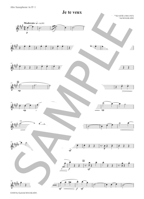 （パート譜：Alto Saxophone in E♭ 1)ジュ・トゥ・ヴ 作曲：エリック・サティ 編曲：正門研一 / 吹奏楽パート その他 - サンプル譜面 1/3