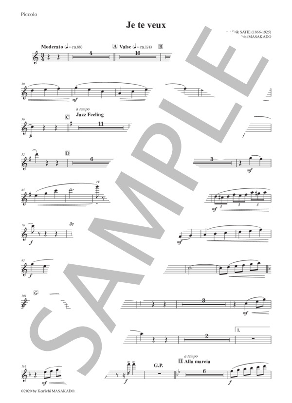 （パート譜：Piccolo)ジュ・トゥ・ヴ 作曲：エリック・サティ 編曲：正門研一 / 吹奏楽パート その他 - サンプル譜面 1/2