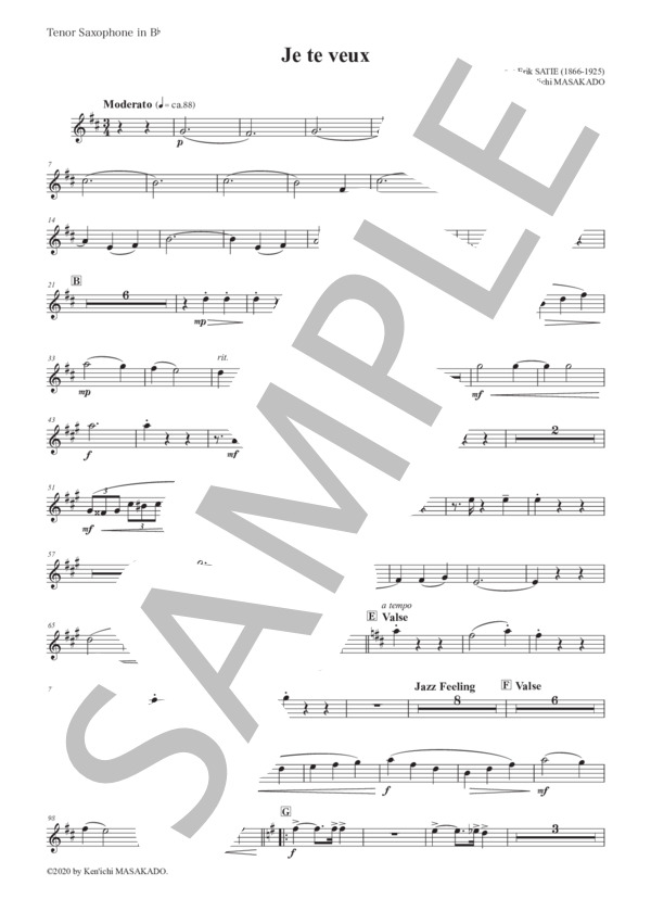 （パート譜：Tenor Saxophone)ジュ・トゥ・ヴ 作曲：エリック・サティ 編曲：正門研一 / 吹奏楽パート その他 - サンプル譜面 1/2