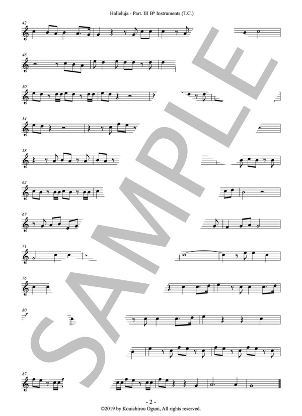 （パート譜：Part. III Bb Inst. (T.C.)）オラトリオ「メサイヤ」より「ハレルヤ」（フレキシブル4重奏) 作曲：ヘンデル 編曲：小國晃一郎 (ゲオルグ・フリードリヒ・ヘンデル) / アンサンブルパート その他 - サンプル譜面 2/2