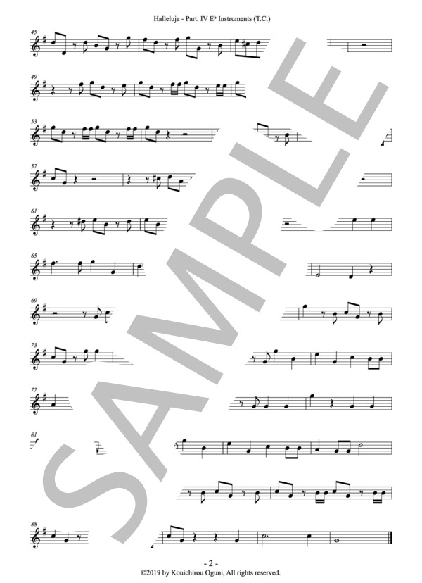（パート譜：Part. IV Eb Inst. (T.C.)）オラトリオ「メサイヤ」より「ハレルヤ」（フレキシブル4重奏) 作曲：ヘンデル 編曲：小國晃一郎 (ゲオルグ・フリードリヒ・ヘンデル) / アンサンブルパート その他 - サンプル譜面 2/2