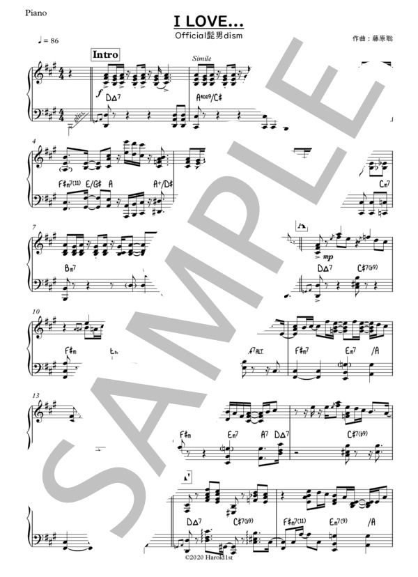 I LOVE... (Official髭男dism) / ピアノソロ 中〜上級 - サンプル譜面 1/5