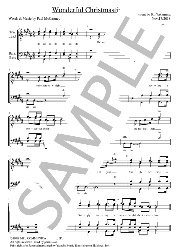 楽譜】Wonderful Christmastime / ポール・マッカートニー (アカペラ 楽譜】Wonderful Christmastime / ポール・マッカートニー (アカペラ