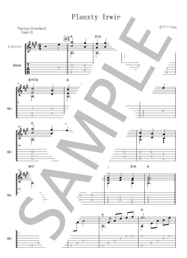 Planxty Irwin (Turlough O'Carolan) / ギターソロ 中級 - サンプル譜面 1/5
