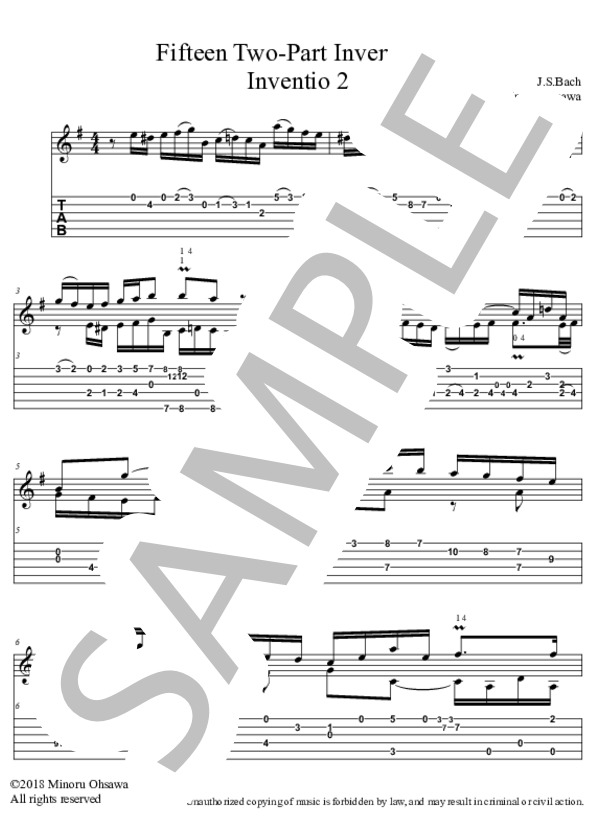 インヴェンション第2番 BWV 773【TAB】 (ヨハン・セバスチャン・バッハ) / ギターソロ 初〜中級 - サンプル譜面 1/5