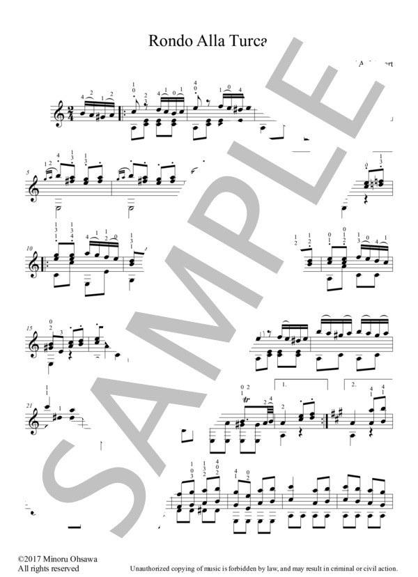 トルコ行進曲 (ヴォルフガング・アマデウス・モーツァルト) / ギターソロ 中〜上級 - サンプル譜面 1/4