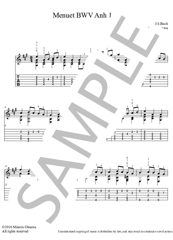 メヌエット BWV Anh. 114【TAB】 (ヨハン・セバスチャン・バッハ) / ギターソロ 初級 - サンプル譜面 1/2