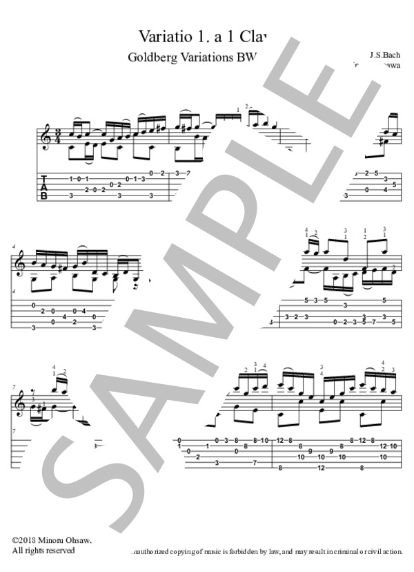 第1変奏（ゴルトベルク変奏曲）【TAB】 (ヨハン・セバスチャン・バッハ) / ギターソロ 中〜上級 - サンプル譜面 1/3
