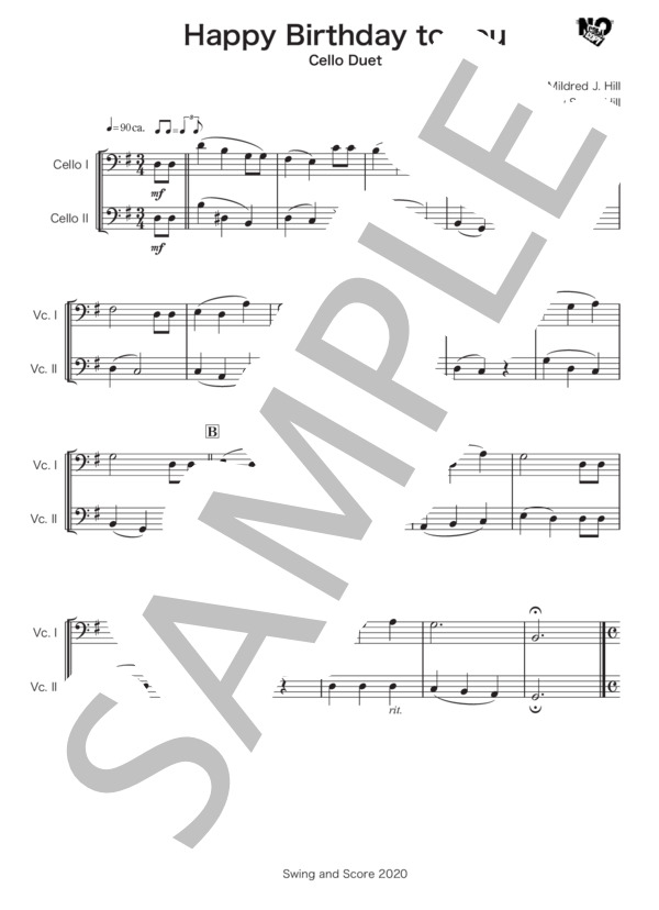 ハッピーバースデイトゥユー チェロデュエット (ミルドレッド・J・ヒル&パティ・S・ヒル) / 初〜中級 - サンプル譜面 1/2
