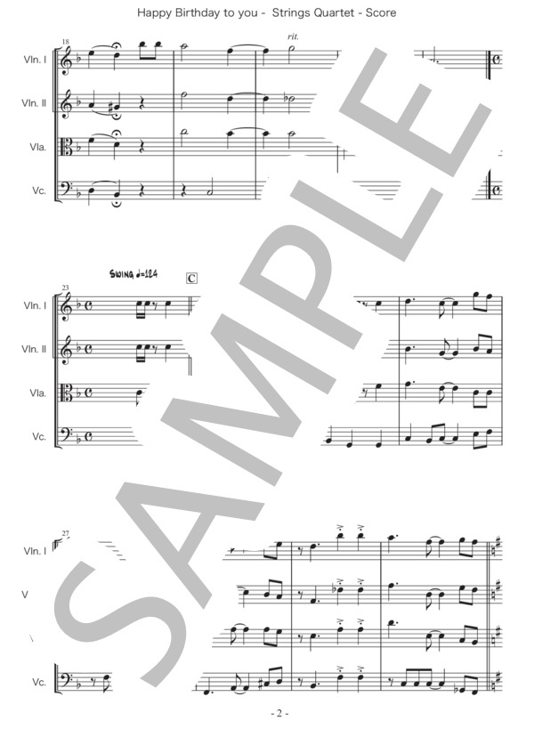 ハッピーバースデイトゥユー 弦楽四重奏 (ミルドレッド・J・ヒル&パティ・S・ヒル) / アンサンブル弦楽 初〜中級 - サンプル譜面 2/5