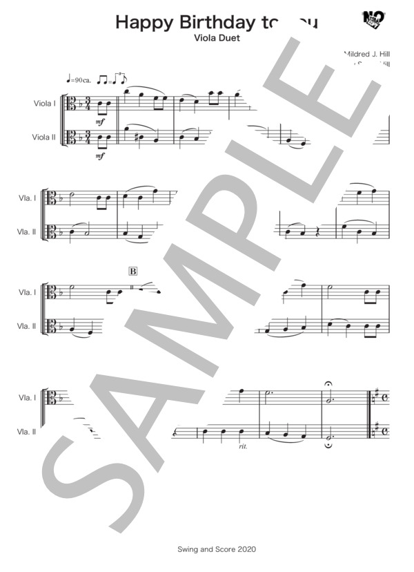ハッピーバースデイトゥユー ヴィオラ2重奏 (ミルドレッド・J・ヒル&パティ・S・ヒル) / 初〜中級 - サンプル譜面 1/2