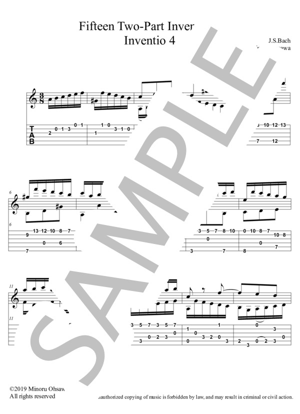 インヴェンション第4番 BWV 775【TAB】 (ヨハン・セバスチャン・バッハ) / ギターソロ 初〜中級 - サンプル譜面 1/3