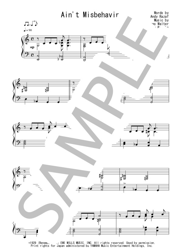 Ain't Misbehavin'(初級）：ジャズ (ナット・キング・コール) / ピアノソロ 初級 - サンプル譜面 1/3