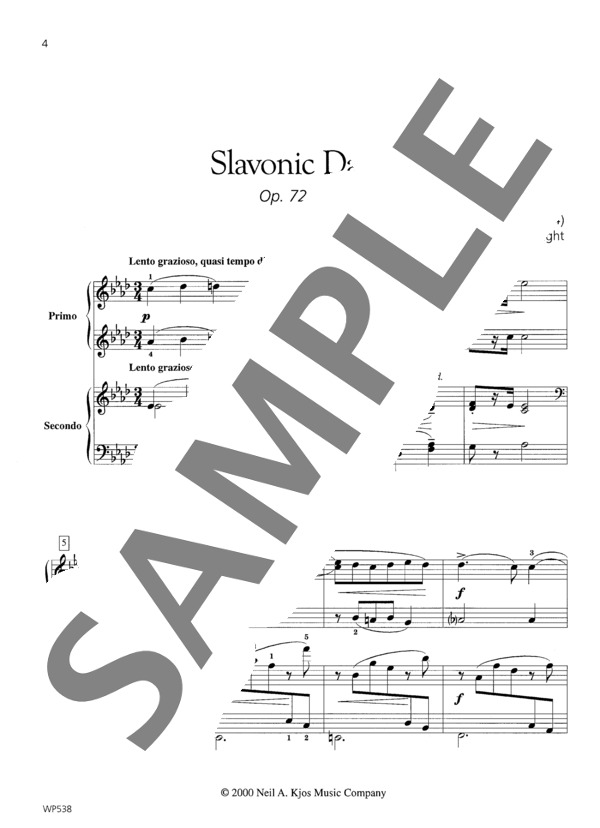 スラヴ舞曲 Op. 72, No. 8  (ウィークレー&アーガンブライト編 / 4手連弾譜） (アントニン・ドヴォルザーク) / ピアノ連弾 中級 - サンプル譜面 2/5