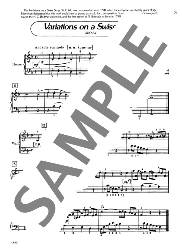 スイスの歌による変奏曲 WoO.64 (ルートヴィヒ・ヴァン・ベートーヴェン) / ピアノソロ 初〜中級 - サンプル譜面 2/5