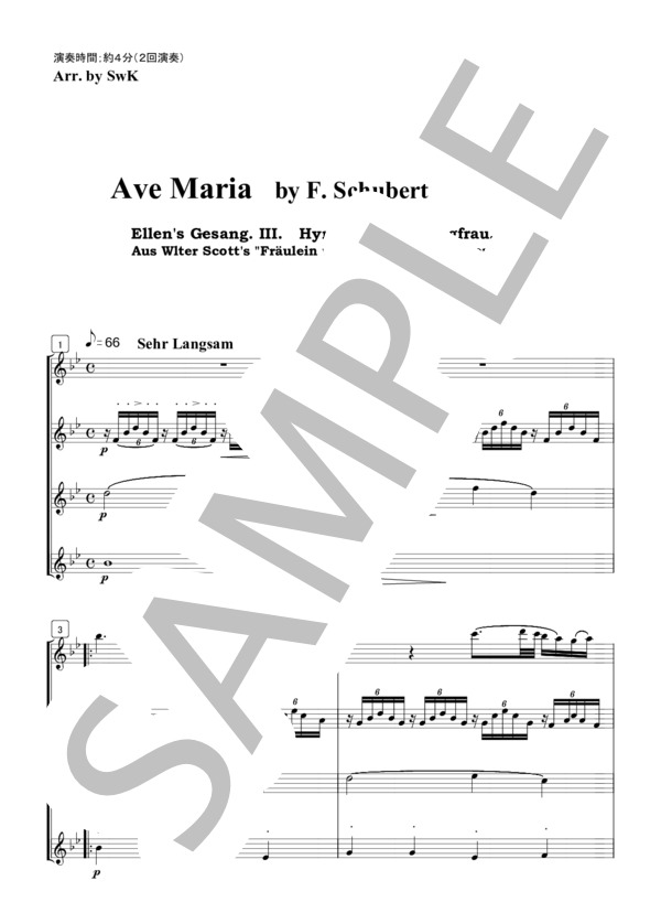 フルート4重奏 アヴェマリア（シューベルト） (フランツ・シューベルト) / 初級 - サンプル譜面 1/5