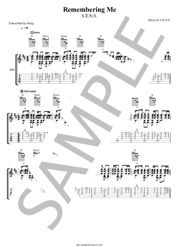【A.Gt】Remembering Me (S.E.N.S.) / ギター弾き語り その他 - サンプル譜面 1/4