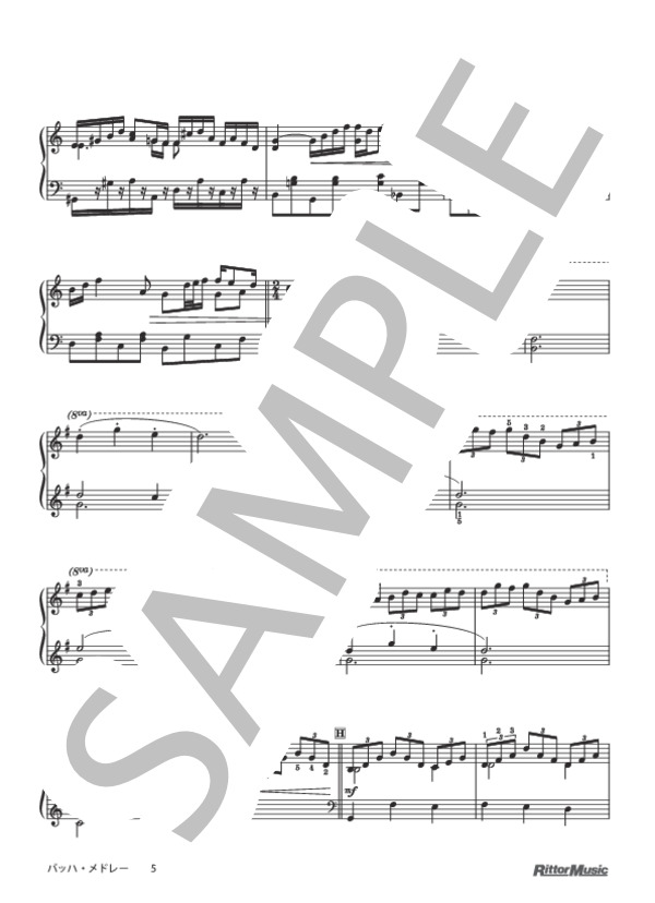 バッハ・メドレー:トッカータとフーガ 二短調～平均律クラヴィーア曲集第1巻第1番 ハ長調 プレリュード～無伴奏チェロ組曲第1番 ト長調 プレリュード～G線上のアリア～主よ、人の望みの喜びよ～ (ヨハン・セバスチャン・バッハ) / ピアノソロ 中級 - サンプル譜面 5/5