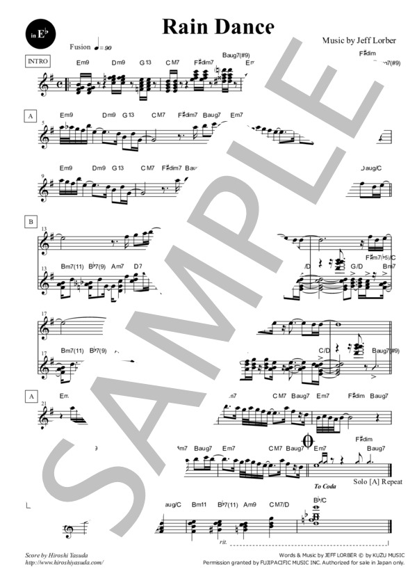 Rain Dance (Key=Gm) in E♭ / レイン・ダンス / フュージョン・スタンダード・ライブラリ (Sheet Music) (ジェフ・ローバー) / アルトサックス 初〜中級 - サンプル譜面 1/1