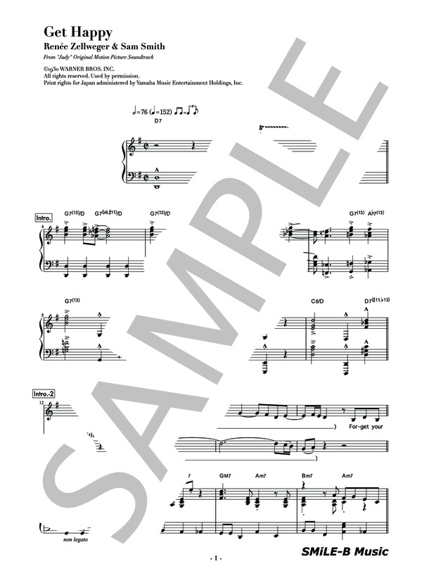 『Get Happy (ゲット・ハッピー）』（映画『ジュディ 虹の彼方に』サウンドトラックより） (レネー・ゼルウィガー) / ピアノ伴奏 中〜上級 - サンプル譜面 1/5