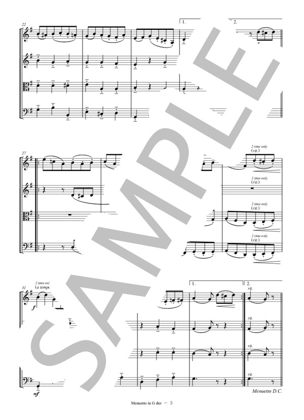 [KTAHMA] ト長調のメヌエット ベートーベン 弦楽四重奏 バイオリン ビオラ チェロ (ルートヴィヒ・ヴァン・ベートーヴェン) / 中〜上級 - サンプル譜面 3/5