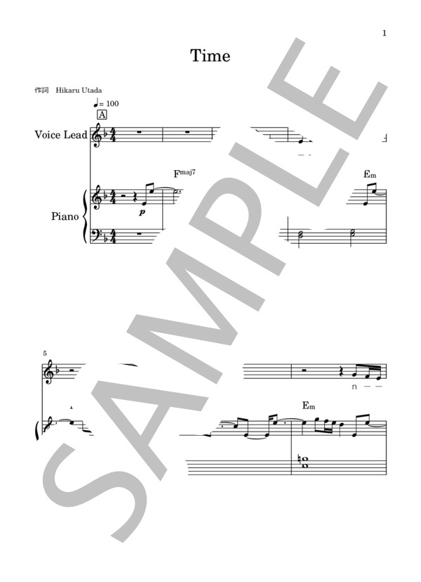 Time (宇多田 ヒカル) / ピアノ弾き語り 中級 - サンプル譜面 1/5