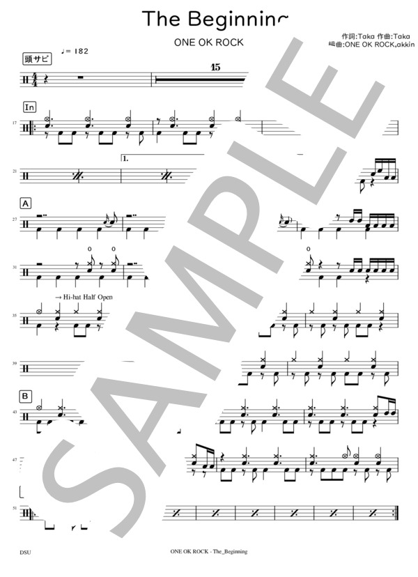 [完コピ] The Beginning (ONE OK ROCK) / ドラム 中級 - サンプル譜面 1/3