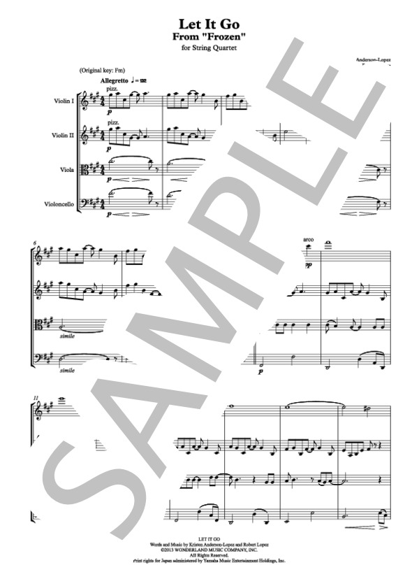 【弦楽四重奏】Let It Go ありのままで ~ アナと雪の女王 (松 たか子) / アンサンブル弦楽 初〜中級 - サンプル譜面 1/5