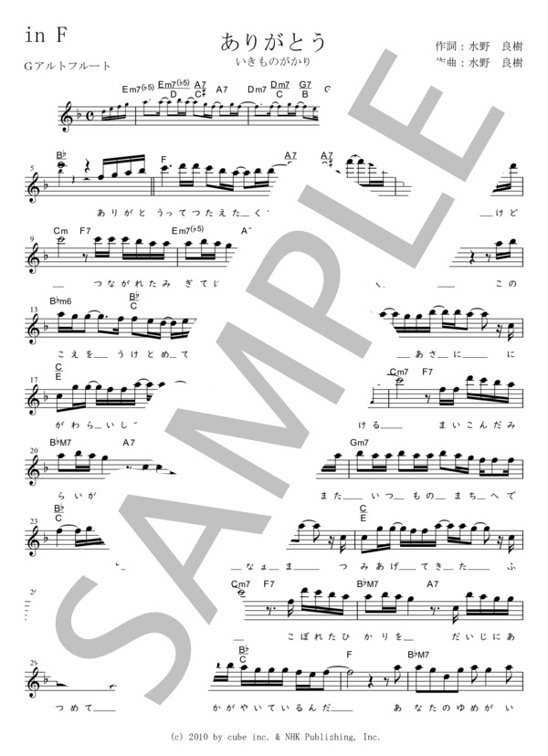 ありがとう G調用 in F (いきものがかり) / メロディ 初〜中級 - サンプル譜面 1/3