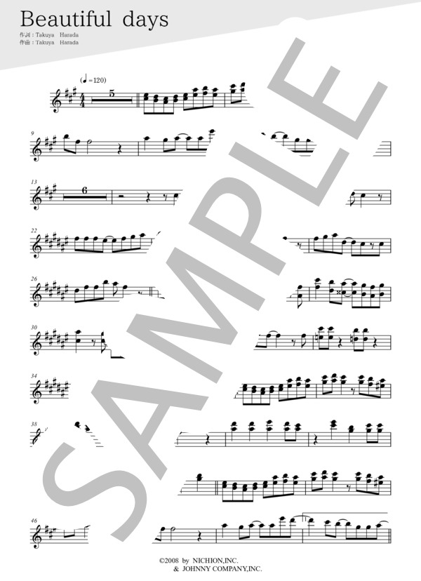 Beautiful days(メロディー譜:バリトンサックス） (嵐) / 中〜上級 - サンプル譜面 1/3