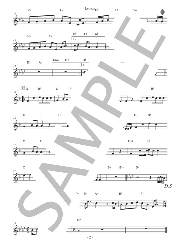 Lemon キー下げ-5 トランペット (米津 玄師) / 中級 - サンプル譜面 2/2