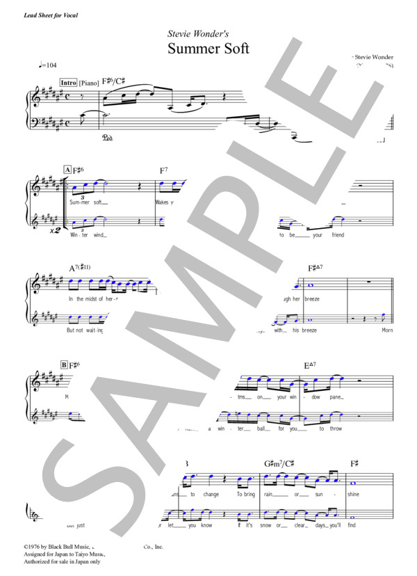 Summer Soft - Stevie Wonder  (リードシート、コード＆歌詞付き） / メロディ 中級 - サンプル譜面 1/5