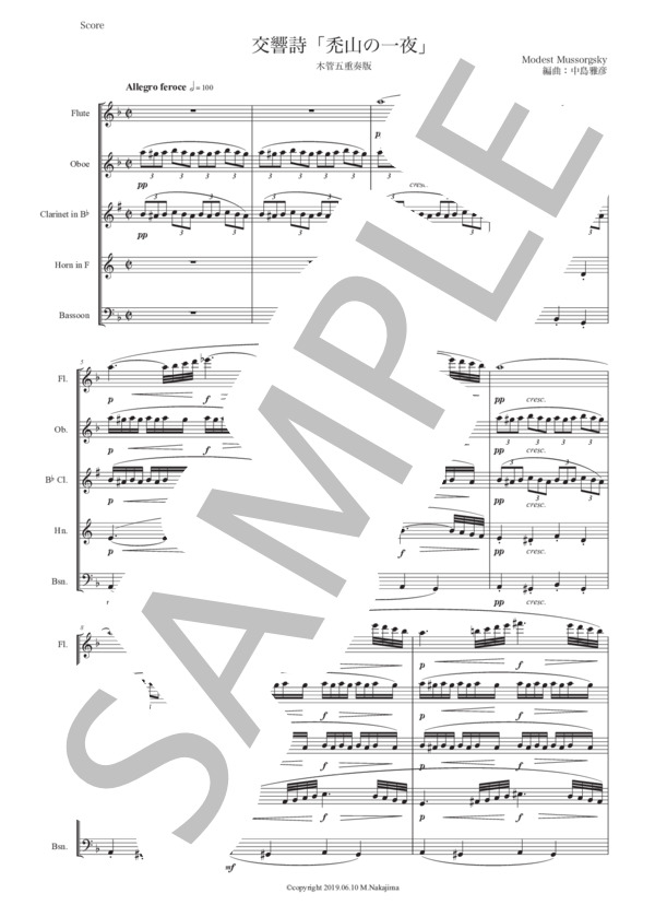 ムソルグスキー「禿山の一夜」木管五重奏版 (モデスト・ペテロヴィッチ・ムソルグスキー) / アンサンブル木管 中級 - サンプル譜面 1/5