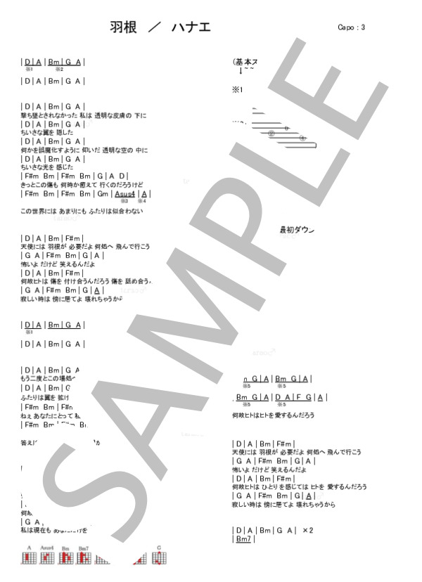 羽根 / ギター弾き語り 初級 - サンプル譜面 1/1
