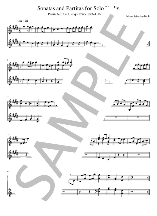 パルティータ第3番ホ長調 BWV1006 第4楽章 メヌエットⅠ (ヨハン・セバスチャン・バッハ) / ピアノソロ 入門 - サンプル譜面 1/1