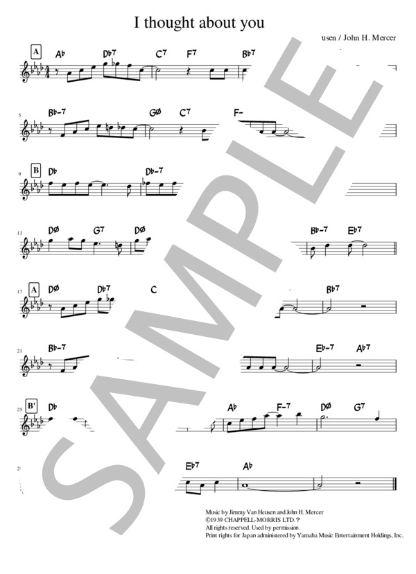 楽譜】I thought about you in A♭ / JIMMY VAN HEUSEN (メロディ