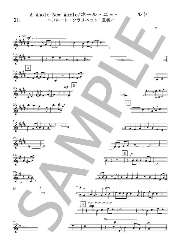 ホール・ニュー・ワールド / A Whole New World(フルート・クラリネット二重奏 / 無伴奏） (アラン・メンケン) / 初〜中級 - サンプル譜面 5/5