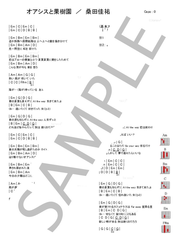 ★楽譜/遠藤賢司/KENJI/フォークソング/ギタースコア 楽譜】オアシスと果樹園 / 桑田 佳祐 (ギター弾き語り / 初級