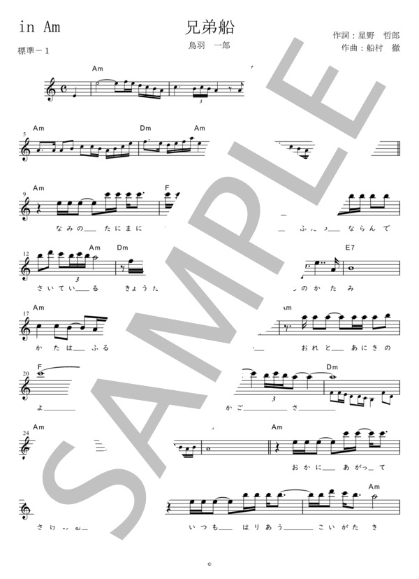 兄弟船 (標準－1) in Am (鳥羽 一郎) / メロディ 初〜中級 - サンプル譜面 1/2