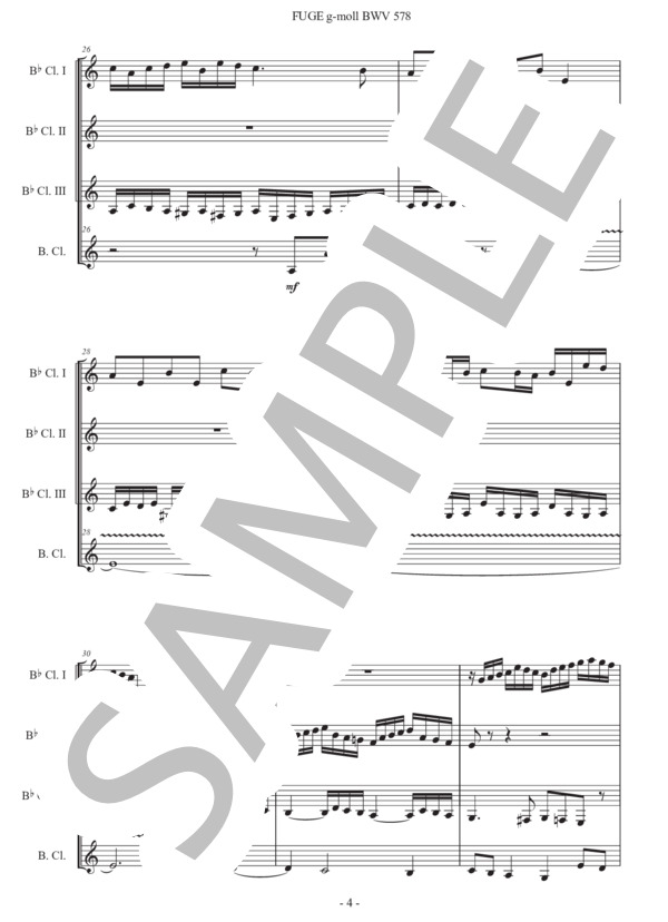 楽譜】バッハ「小フーガ ト短調 BWV 578」クラリネット四重奏版