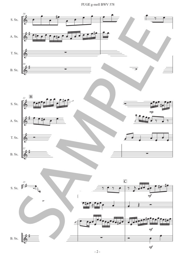 バッハ「小フーガ ト短調 BWV 578」サックス四重奏版 (ヨハン・セバスチャン・バッハ) / アルトサックス 初〜中級 - サンプル譜面 2/5