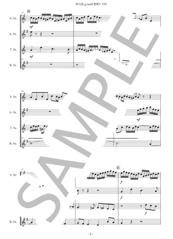 バッハ「小フーガ ト短調 BWV 578」サックス四重奏版 (ヨハン・セバスチャン・バッハ) / アルトサックス 初〜中級 - サンプル譜面 4/5
